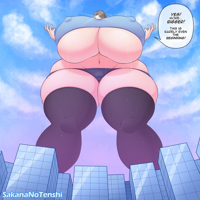 ass_expansion black_pupils body_expansion breast_expansion clothed clothing crop_top dat_ass emily_vidström_(sakanatenshi) expansion expansion_sequence glowing_eyes high_thighs hourglass_expansion hourglass_figure sakananotenshi text text_bubble white_eyes