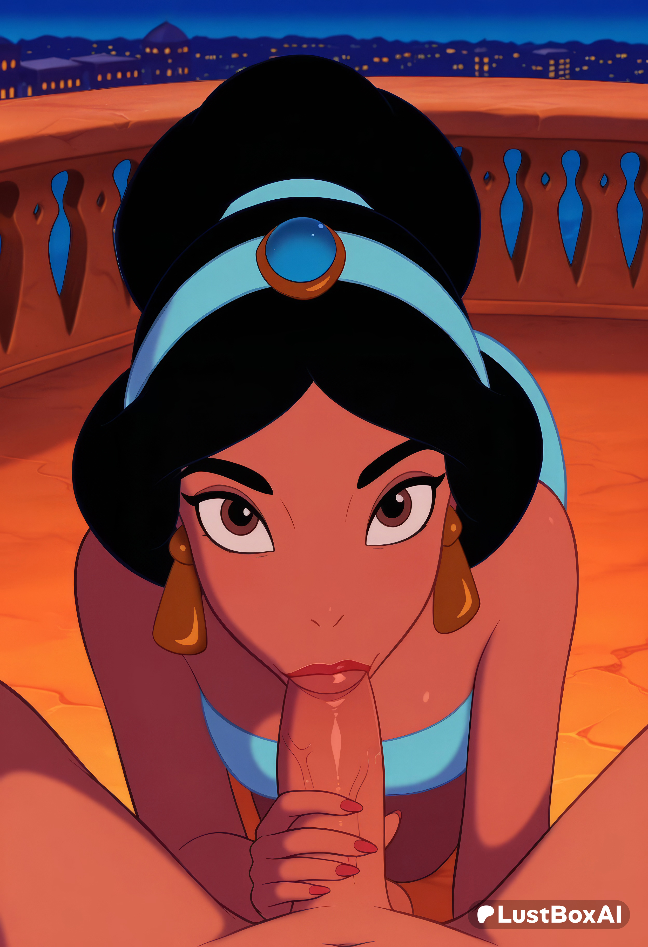 :>=, 1boy, 1boy1girl, 1girls, ai generated, aladdin (1992 disney film), artist name, bare shoulders, black hair, blowjob, blue hairband, breasts, brown eyes, cityscape, clothed female nude male, dark skin, dark-skinned female, disney, disney princess, dress, earrings, erection, fellatio, female, fingernails, hairband, hi res, jasmine (aladdin), jewelry, lips, lipstick, looking at viewer, lustboxai, makeup, nail polish, night, night sky, nude, oral, outdoors, patreon logo, patreon username, penis, penis grab, pov, pov crotch, princess, princess jasmine, railing, red lips, red nails, sky, solo focus, straight, strapless, testicles, tube top, uncensored