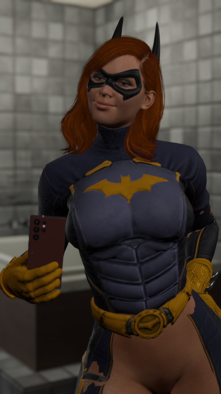 2024 3d athletic_female batgirl batgirl_(gotham_knights) bathroom batman_(series) blender blender_eevee busty clothed_female dc fit_female gotham_knights light-skinned_female masked_female muscular_female phone presenting_pussy red_hair sfm_nsfw skin_tight_suit smile solo solo_female solo_focus voluptuous voluptuous_female