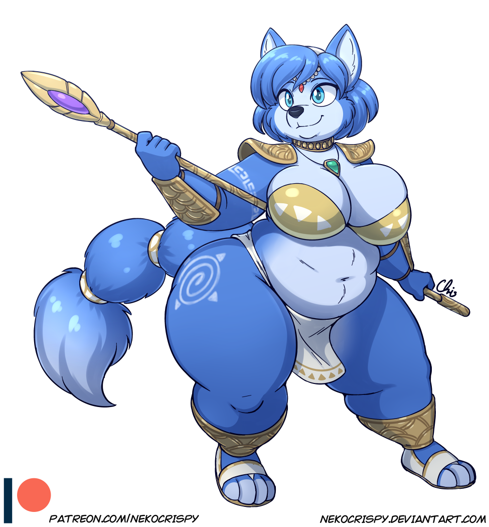 1girls anthro belly blue_eyes blue_fur blue_hair breasts canine canine_humanoid chubby chubby_female cleavage fat female female_only fox furry hips krystal krystal's_staff loincloth nekocrispy sandals staff star_fox star_fox_adventures stomach thick_thighs thighs weight_gain white_hair wide_hips