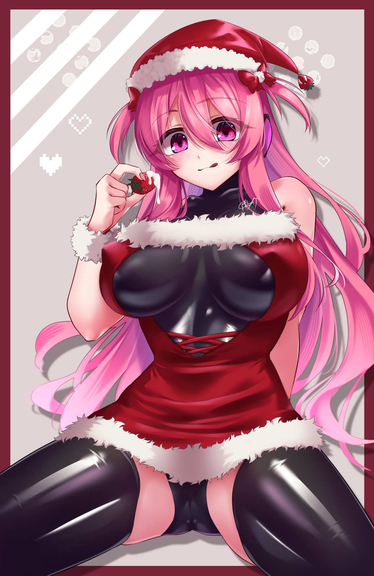 black_leotard cameltoe christmas christmas_outfit large_breasts legs_apart leotard licking_lips looking_at_viewer nipple_bulge rasis santa_hat sitting sound_voltex strawberry thighhighs