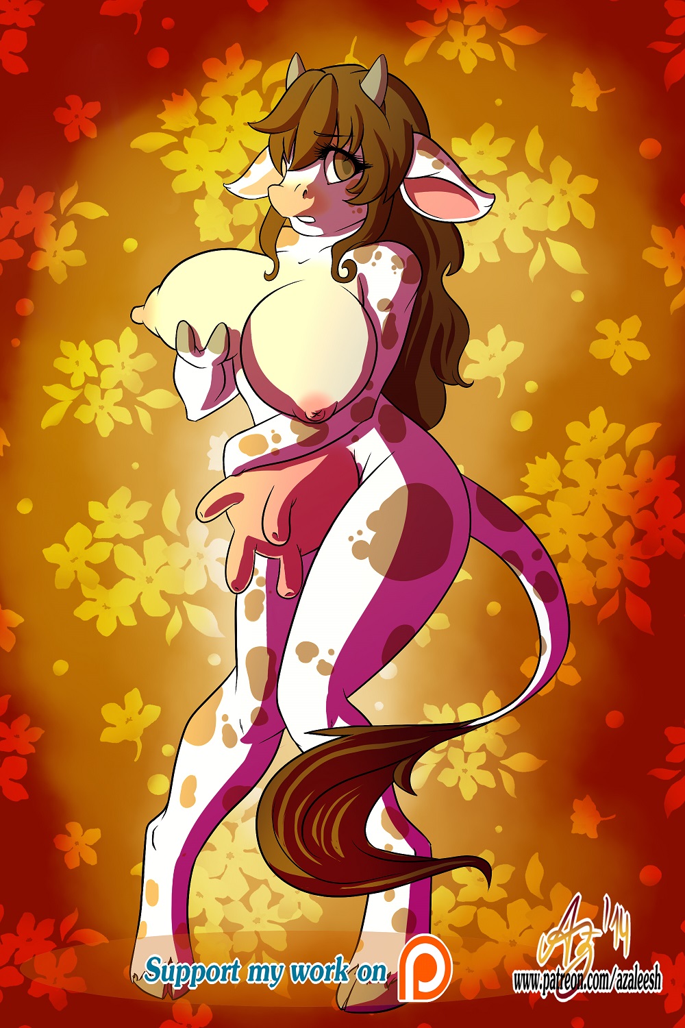 anthro azaleesh bovine breasts cattle curls dots female holding hooves horn horns mammal mooh_(sarahvixen) nipples nude shy solo teats udders