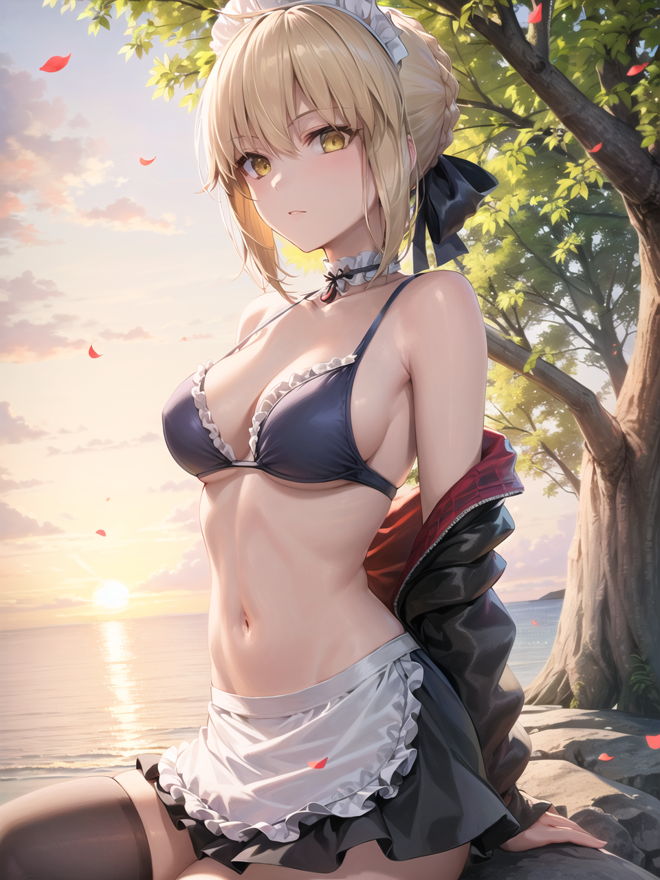 1girls ai_generated alternate_breast_size artoria_pendragon artoria_pendragon_(alter) artoria_pendragon_(swimsuit_rider_alter) bikini blonde_hair breasts commission fate/grand_order fate_(series) female large_breasts looking_at_viewer maid maid_headdress maid_uniform outdoors saber_alter short_hair stable_diffusion thighhighs thighs tied_hair yellow_eyes