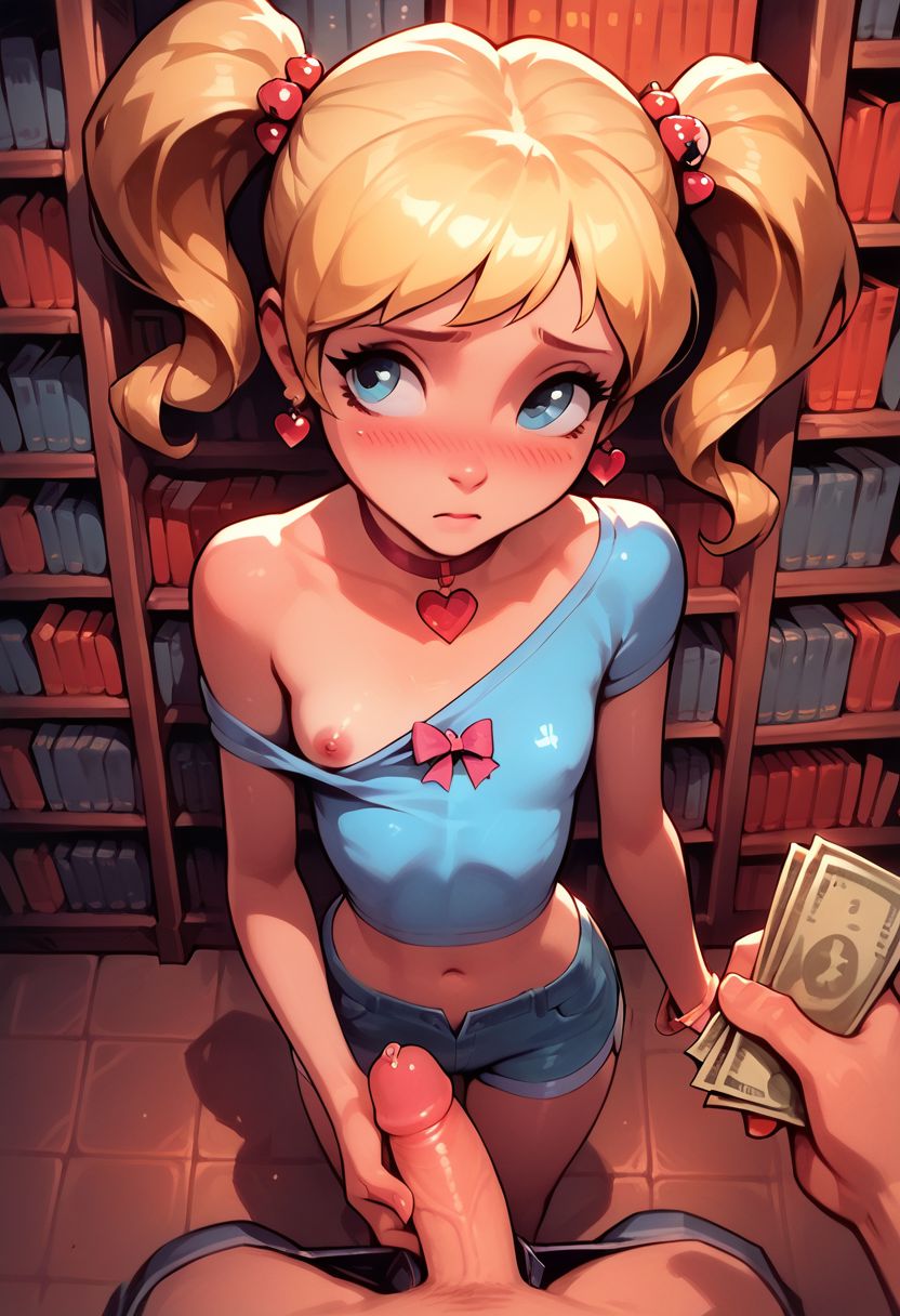 ai_generated akeno03 blonde_hair blush breasts breasts_out choker handjob holding_money holding_penis library looking_at_viewer midriff money nervous off_shoulder one_breast_out one_breast_out_of_clothes prostitution short_shorts shorts small_breasts twintails