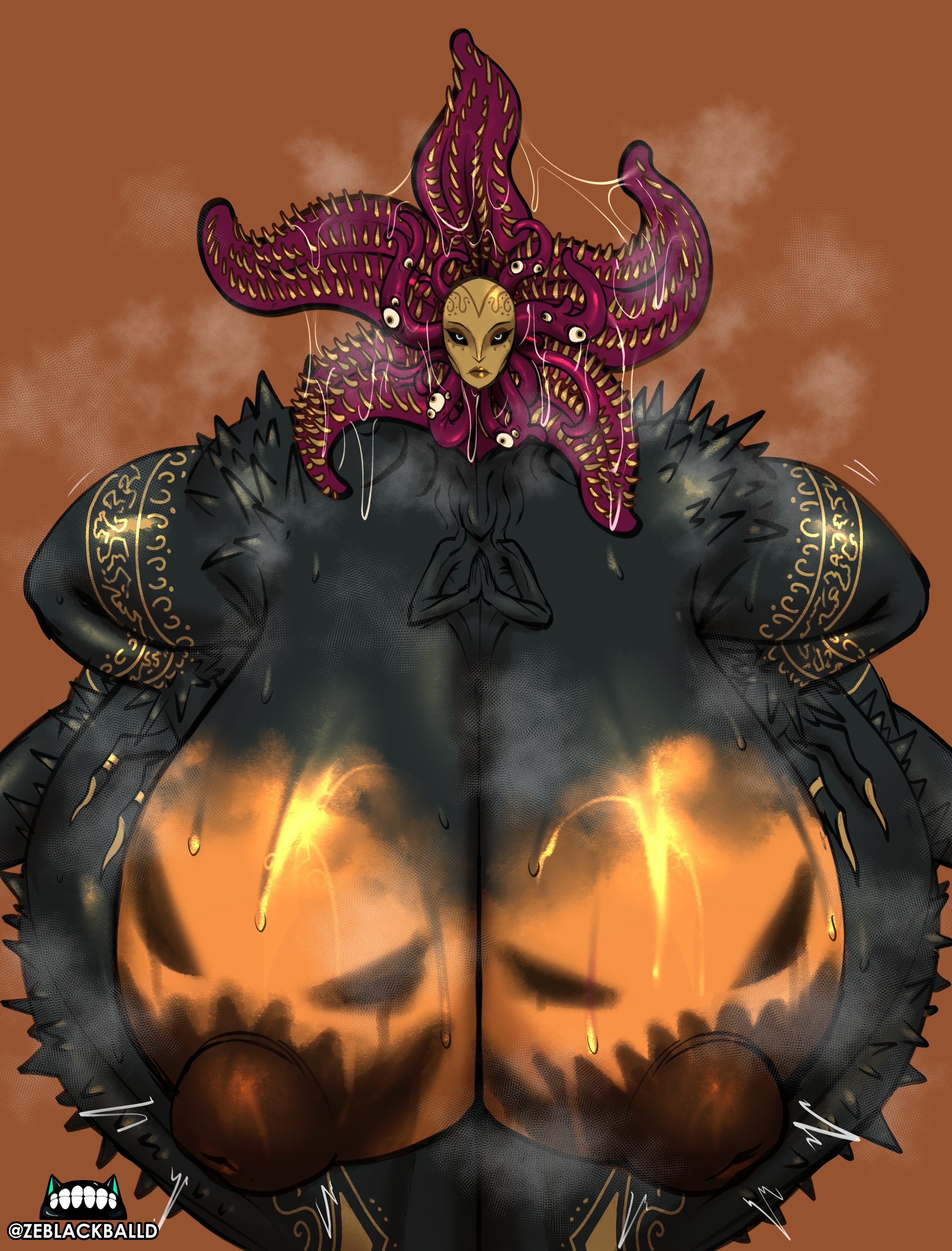 big breasts, body paint, breasts, breasts bigger than head, eldritch horror, female, halloween, huge breasts, huge thighs, jack-o'-lantern, monster, monster girl, original, painted breasts, the thorned chanter (zeblackballd), ze blackball.d, zeblackballd (artist)
