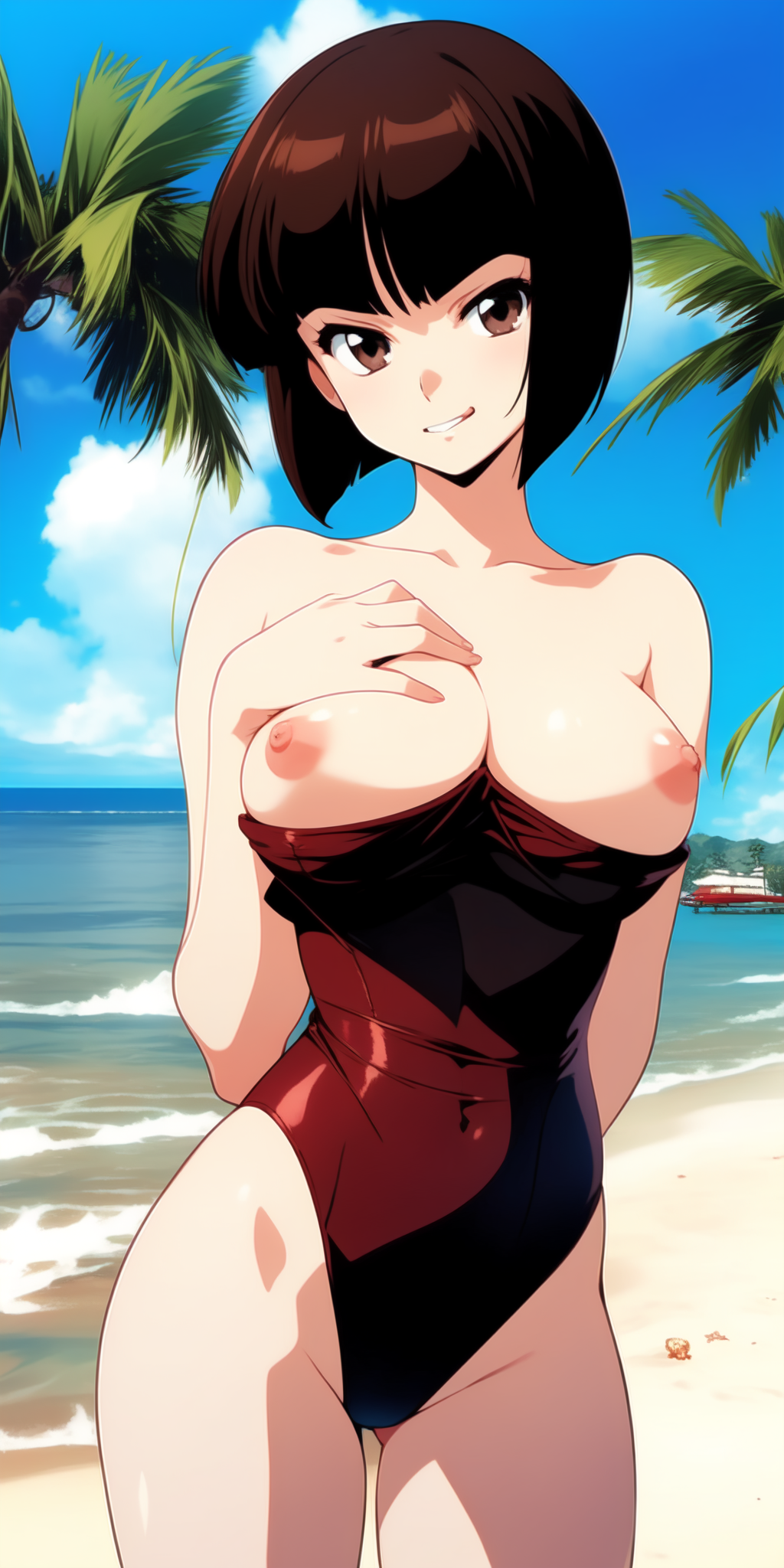 1girls ai_generated beach big_breasts bob_cut brown_eyes brown_hair curvy curvy_female detailed_background female female_only large_breasts nabiki_tendo nipples ocean one-piece_swimsuit outdoors palm_tree ranma_1/2 red_swimsuit self_upload smirk solo stable_diffusion swimsuit topless