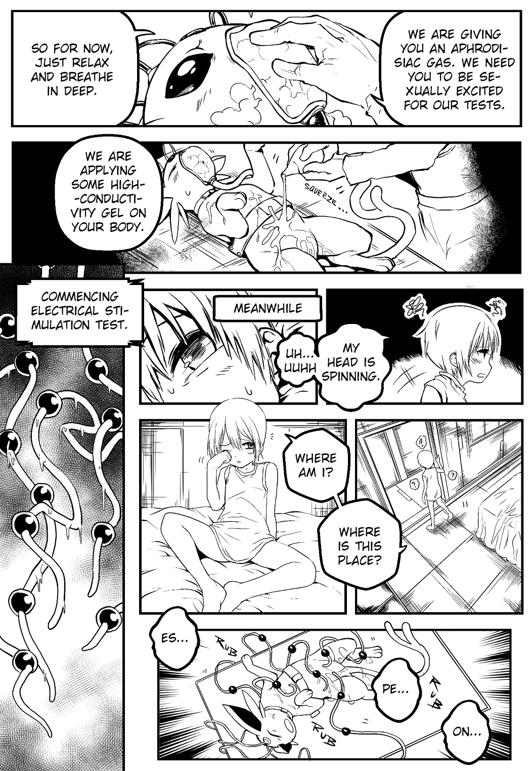 black_and_white comic eeveelution electrostimulation english_text espeon eudetenis experiment female gas group human male mammal manga monochrome nintendo pinheadchains pokemon tentacle text translated video_games