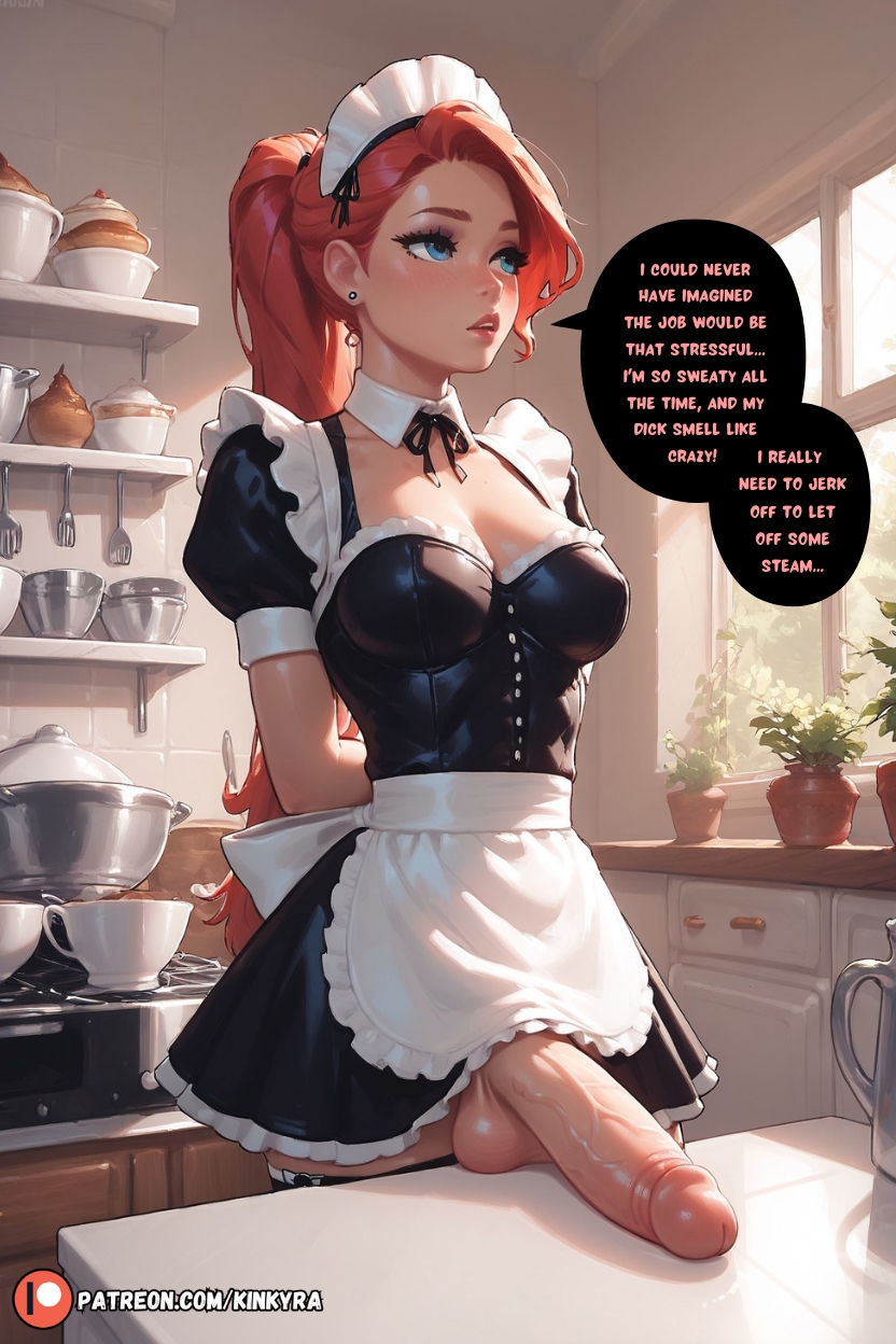 1futa ai_generated big_ass big_breasts big_penis clothed curvy curvy_figure day daytime dialogue dickgirl english english_text futa_focus futa_only futanari hands_behind_back hourglass_figure huge_cock indoors kinkyra kitchen maid maid_outfit maid_uniform miniskirt penis_out red_hair skinny skirt skirt_lift solo solo_focus solo_futa tight_clothes tight_clothing veins_on_dick veiny_penis