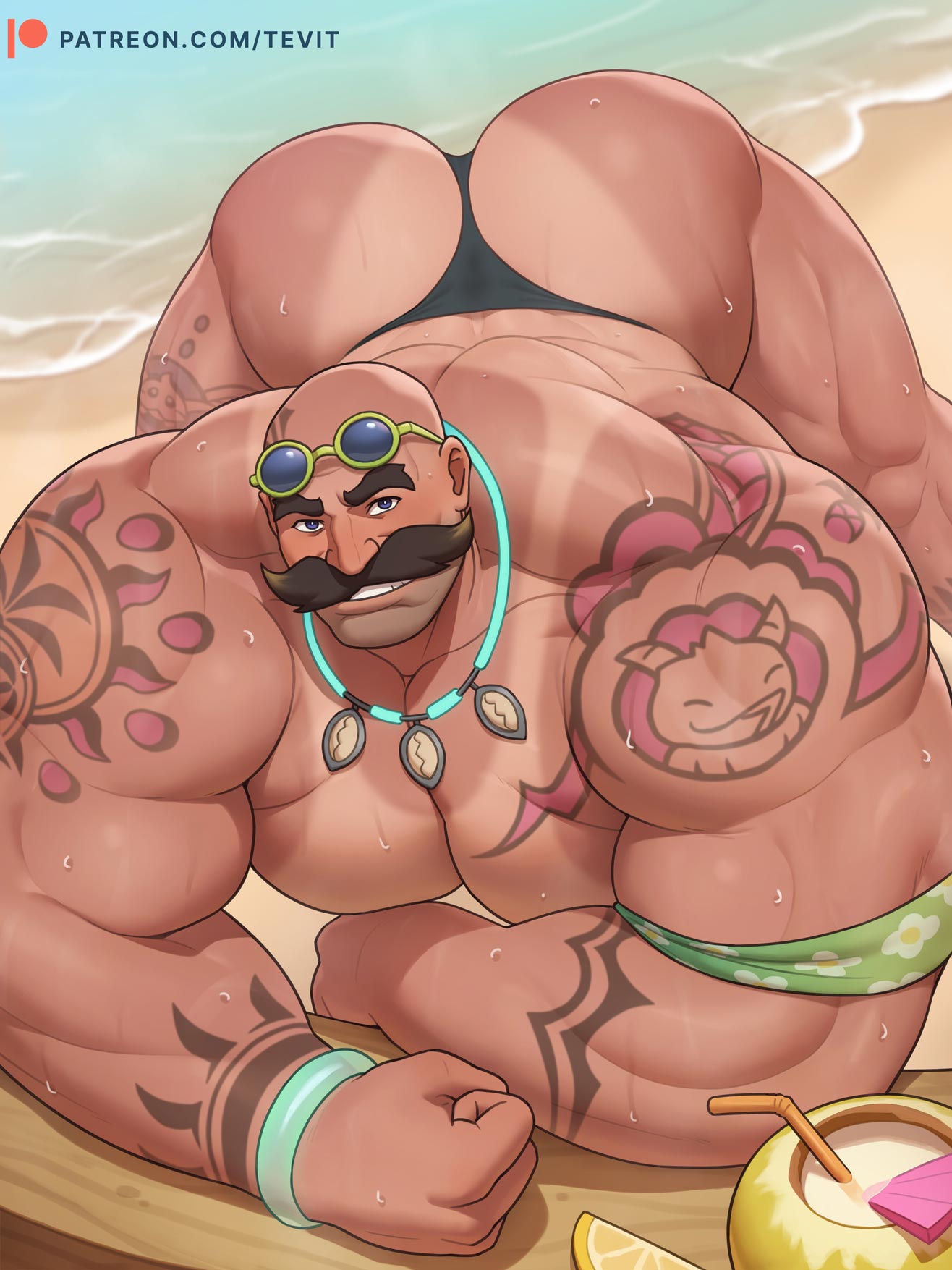 ass bara beach big_ass big_pecs braum drink facial_hair league_of_legends looking_at_viewer male male_focus male_only moustache muscular muscular_male pecs pool_party_braum pool_party_series smile solo solo_male sunglasses sweat sweatdrop sweating swimwear tanline tattoo tattoos tevit15