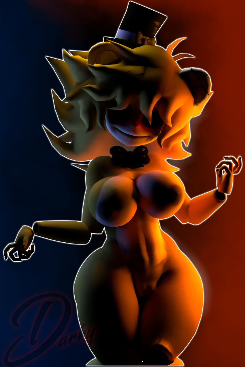 2024 2:3 3d_(artwork) anthro areola bear big_areola big_breasts black_bow_tie black_clothing black_hat black_headwear black_top_hat bow_tie breasts cinema_4d_(artwork) clothing darkytherabbit digital_media_(artwork) eyeless female five_nights_at_freddy's genitals golden_freddy_(fnaf) hair hair_over_eyes hat headgear headwear hi_res mammal messy_hair mtf_crossgender nipples nude nude_anthro nude_female pussy rule_63 scottgames smile solo thick_thighs top_hat type_0_(cryptiacurves) watermark wide_hips