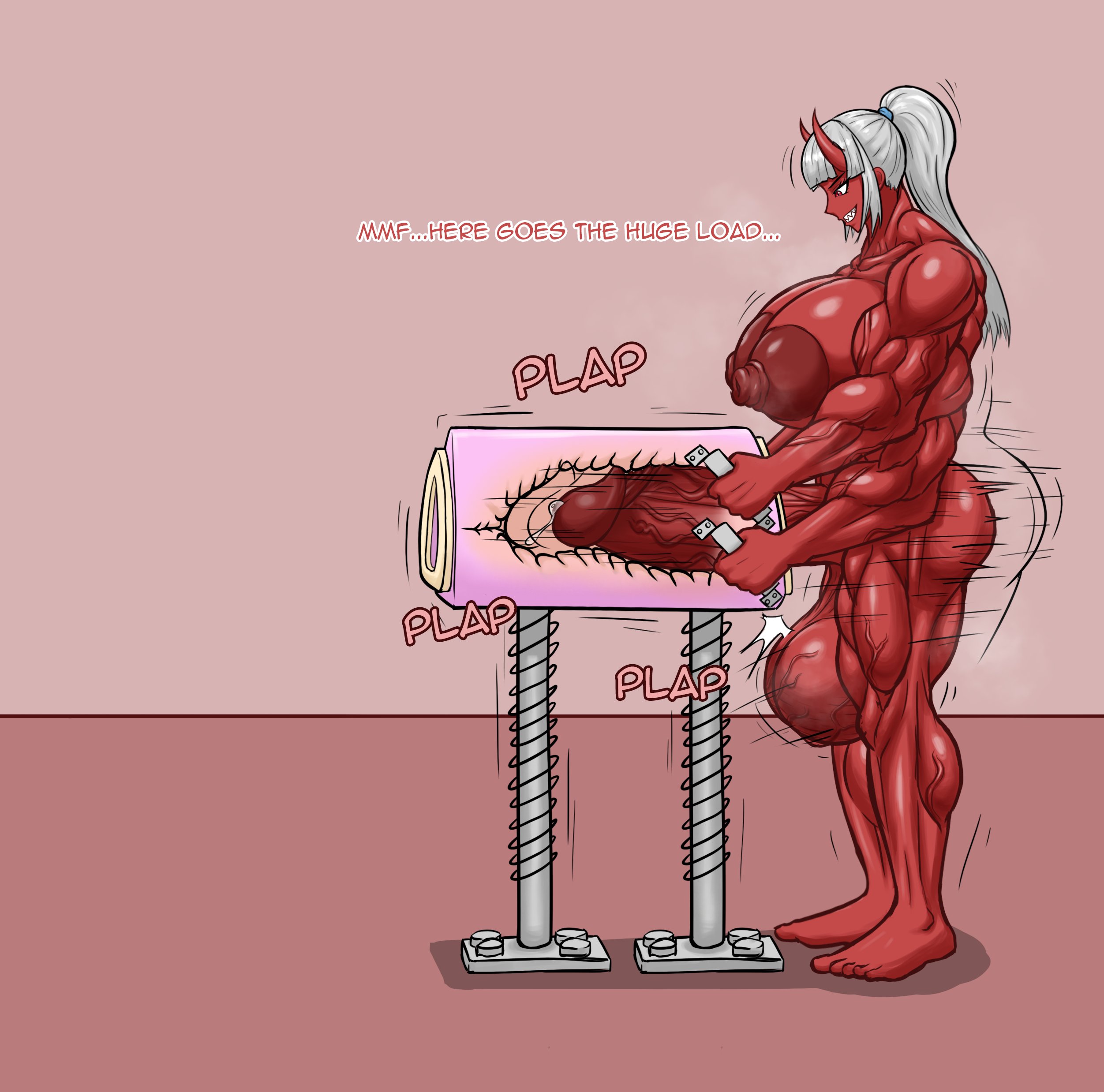 breasts, breeding mount, breeding mount use, female, futanari, hyper breasts, intersex, masturbation, muscular, muscular futa, oni, oni female, turkey system