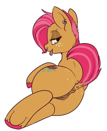 alpha_channel anus babs_seed_(mlp) bedroom_eyes brown_fur clitoral_winking clitoris cutie_mark ear_piercing earth_pony equine facial_piercing female female_only feral freckles friendship_is_magic fur green_eyes hair hooves long_hair looking_at_viewer looking_back lulubell lying mammal my_little_pony nose_piercing older piercing pony presenting pussy raised_tail rear_view red_hair smile solo tongue tongue_piercing two_tone_hair