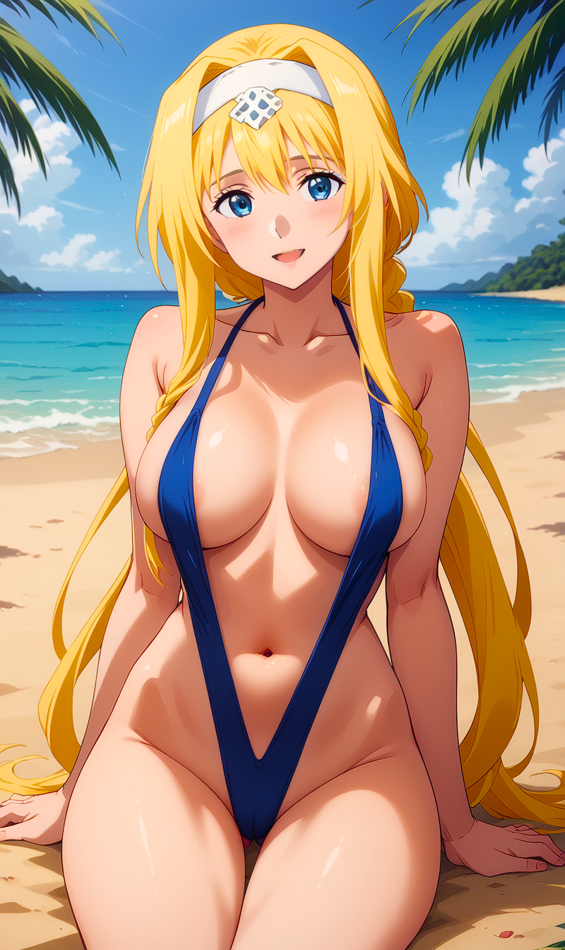 ai_generated alice_schuberg alluring beach beautiful_background bikini blonde_female blonde_hair blue_bikini breasts cute_face female female_only hot knight long_hair_female sand seaside sexy sitting_down sling_bikini slingshot_swimsuit solo_focus sword_art_online sword_art_online_alicization swordswoman toongenai warrior warrioress