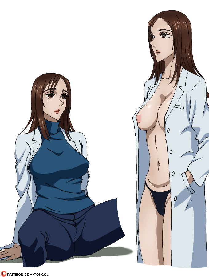 1girls areolae brown_eyes brown_hair fully_clothed jujutsu_kaisen labcoat panties pants shoko_ieiri sitting spread_legs standing tongol123 white_background