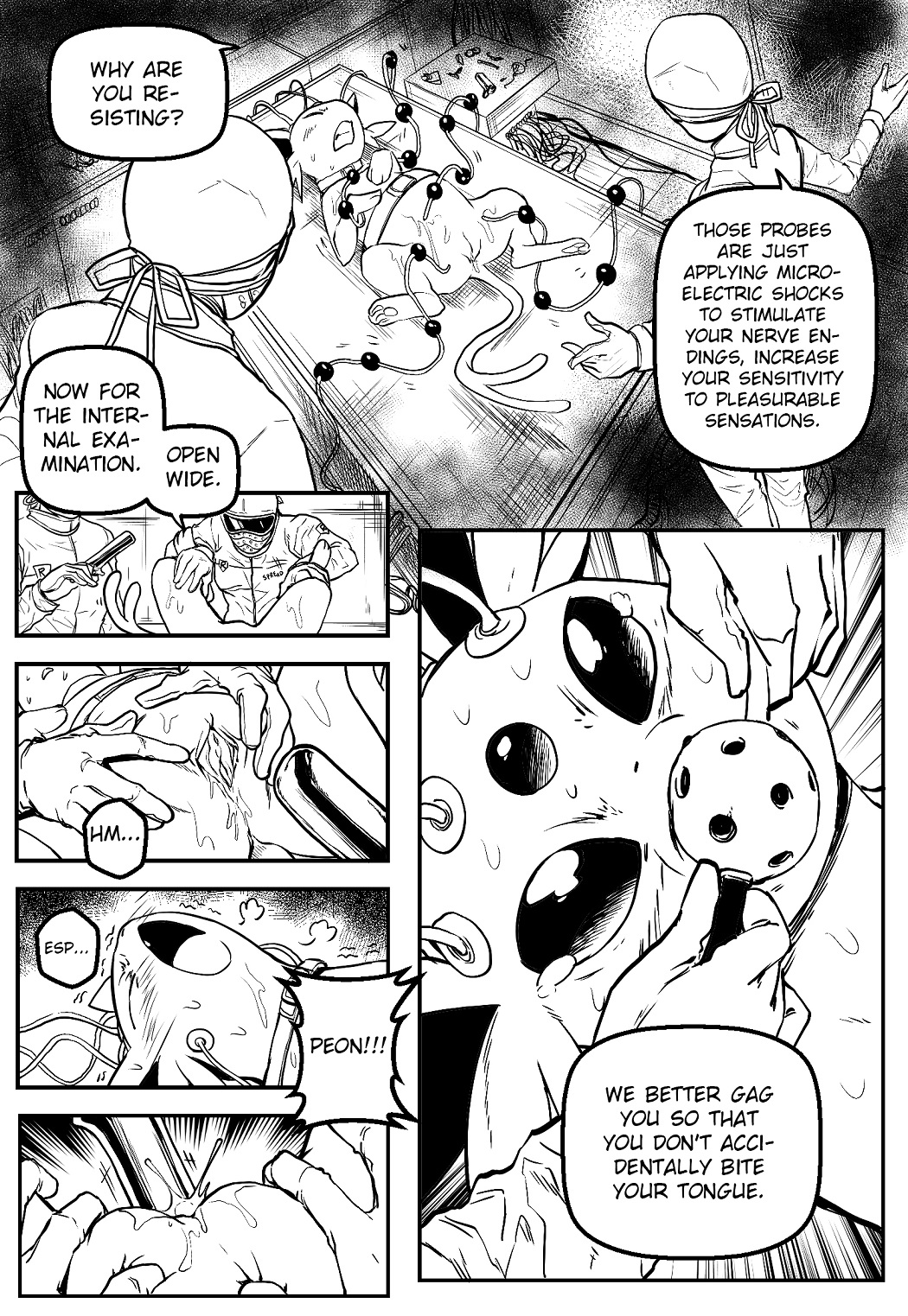 ambiguous_gender ball_gag black_and_white blush comic eeveelution electrostimulation english_text espeon eudetenis experiment female gag group human insertion machinery mammal manga monochrome nintendo penetration pinheadchains pokemon pussy speculum spread_pussy spreading sweat text translated vaginal_insertion vaginal_penetration vaginal_penetration video_games