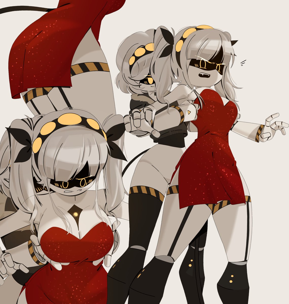 2girls, female, female only, fully clothed, j (murder drones), monsterdude15, murder drones, red dress, v (murder drones), yuri