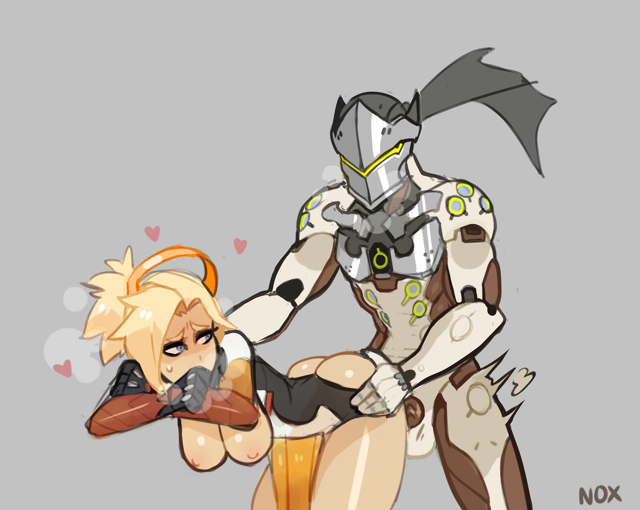 ambiguous penetration, angela ziegler, asian male white female, ass, balls, blonde hair, blue eyes, breasts, cyborg, duo, female, gency, genji, male, mechanical halo, mercy, nipples, nox (artist), nsfwnox, overwatch, penetration, penis, pleasure face, sex, simple background, steamy breath, straight