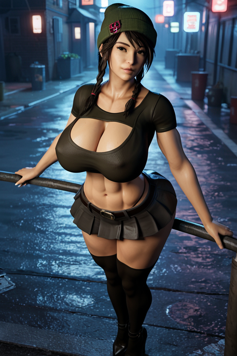 3d 3d_(artwork) abs ai_generated alley alleyway beanie big_ass big_breasts black_hair braided_hair city cleavage crop_top hispanic latina midriff outdoors pleated_skirt radnsad skirt solo solo_female solo_focus tess(oc) thick_thighs twin_braids urban