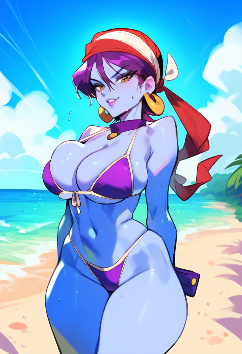 2d ai_generated bandana beach big_breasts bikini blue_skin colored_skin day female female_focus female_only highleg_bikini outdoors purple_hair risky_boots shantae solo solo_female solo_focus tagme