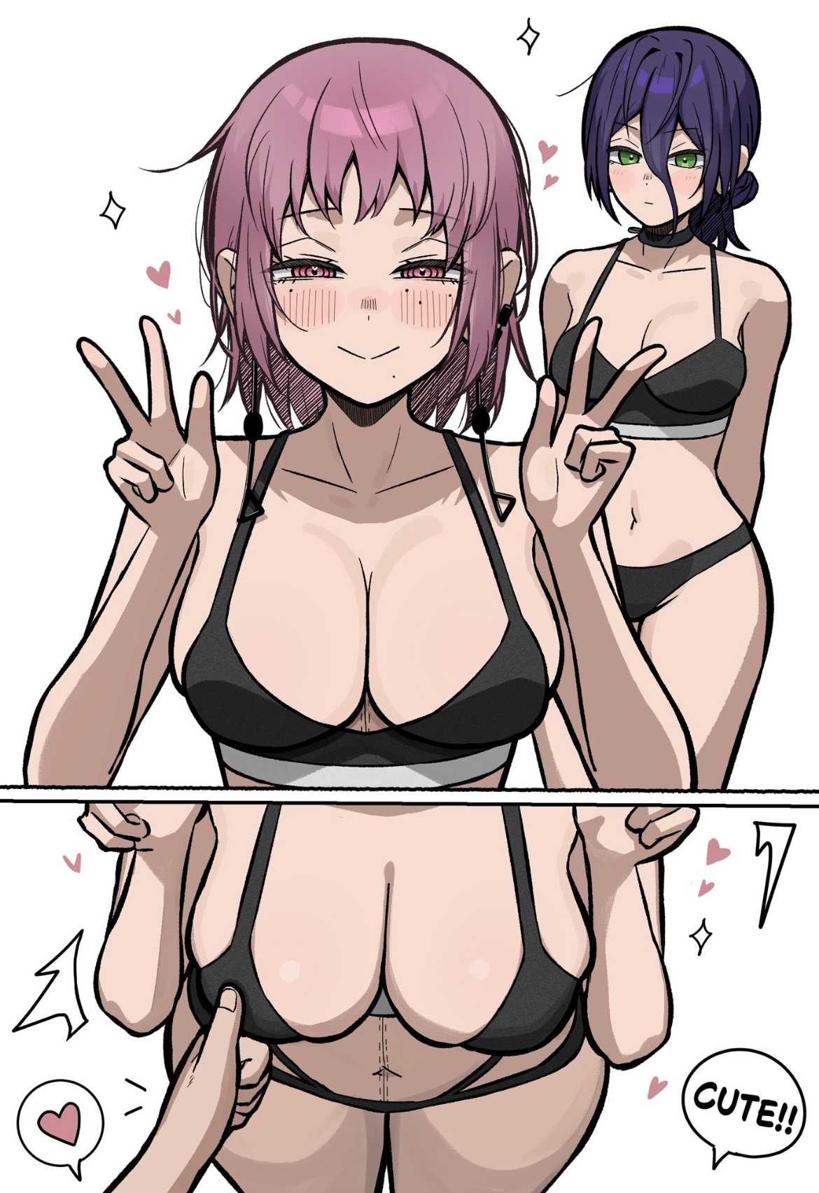 1boy2girls, agu (aguxxxuu), aguxxxuu, asian, asian female, belly button, big thighs, blush, blush lines, bra and panties, breast, chainsaw man, cleavage, cleavage overflow, curvy, curvy female, curvy figure, death devil (chainsaw man), denji (chainsaw man), green eyes, hand on breast, hips, japanese, japanese female, japanese male, legs, male hand, male/female/female, medium breasts, pale skin, pale-skinned female, peace sign, pink eyes, pink hair, purple hair, reze (chainsaw man), russian female, slavic, slavic girl, slim waist, small waist, smiling at viewer, speech bubble, stomach, talking, thick thighs, thighs, touching breast