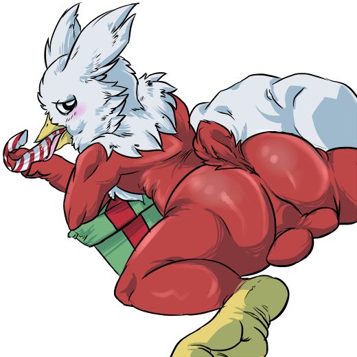 1boy anthro anus ass avian backsack beelzemon_(artist) blush candy_cane christmas delibird dutch_angle gift holidays kneeling leaning leaning_forward looking_at_viewer looking_back male male_only nintendo pokemon presenting presenting_hindquarters solo sucking testicles tongue video_games