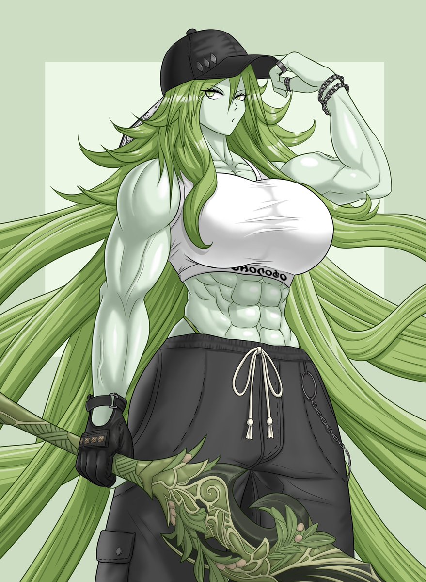 abs final_fantasy final_fantasy_xiv green_skin large_breasts muscular_female original_character turkey_system