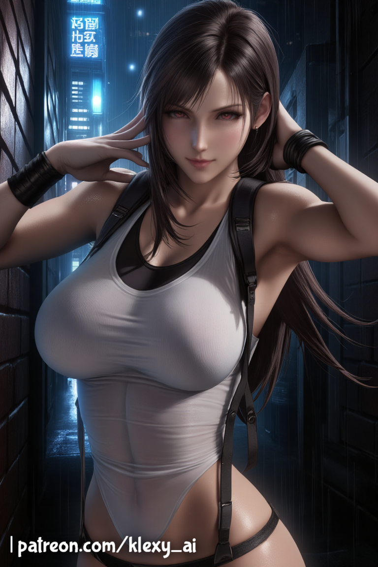 1female 1girls ai_generated alleyway alternate_version_available arm_behind_head blush bracelet bracelets brown_hair clothed clothed_female clothing female female_only final_fantasy final_fantasy_vii fully_clothed fully_clothed_female harness klexyai looking_at_viewer patreon patreon_username public rain raining red_eyes see-through see-through_clothing see-through_shirt see-through_top sfw sfw_version shiny shiny_skin shirt solo solo_female tifa_lockhart wet wet_body wet_clothes wet_skin