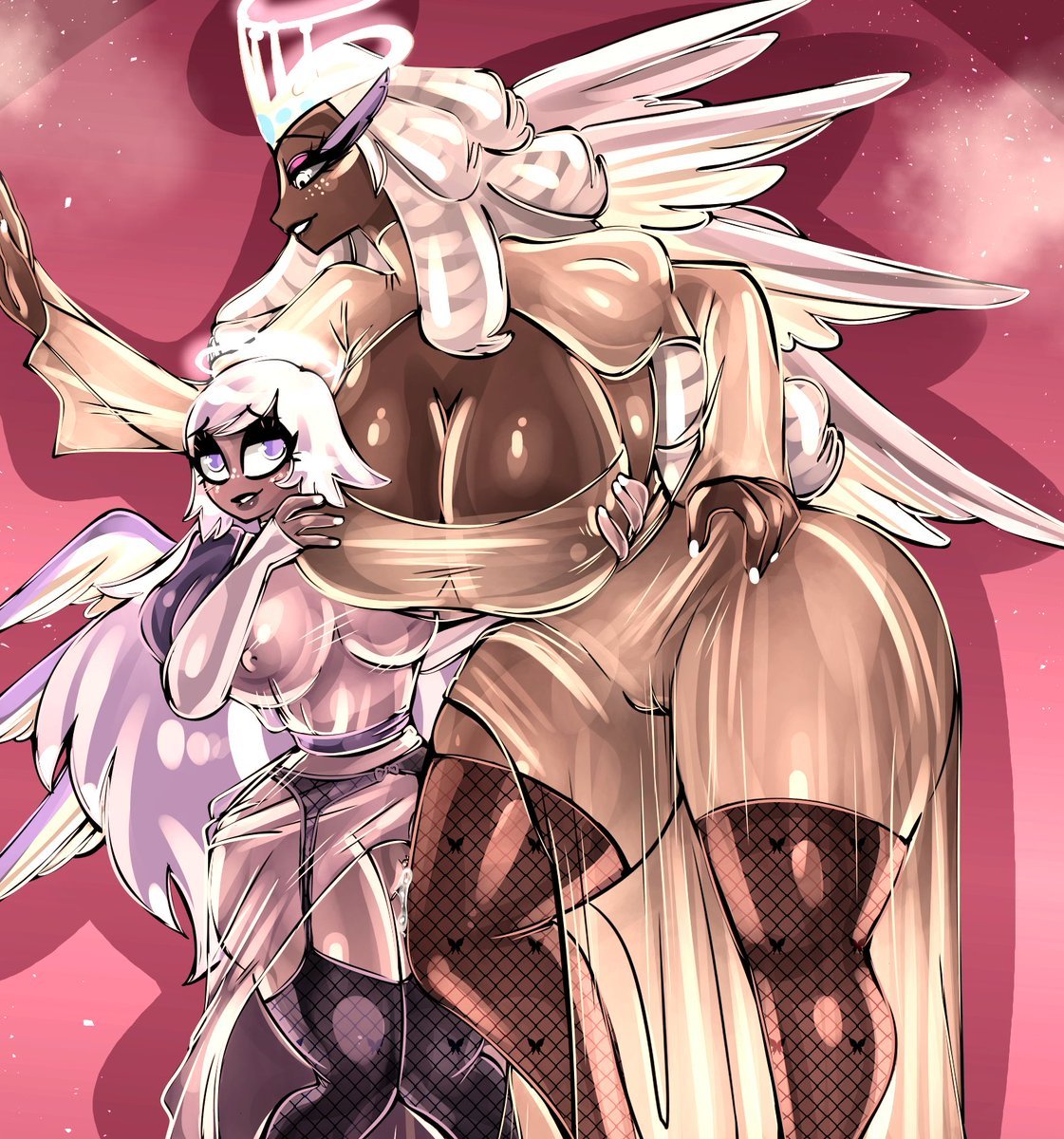 big_breasts bitterbunz blushing dress_lift emily_(hazbin_hotel) grabbing_another's_breast grabbing_breasts hazbin_hotel lingerie pussy pussy_juice see_through_clothing sera_(hazbin_hotel) smiling stockings thick_thighs yuri