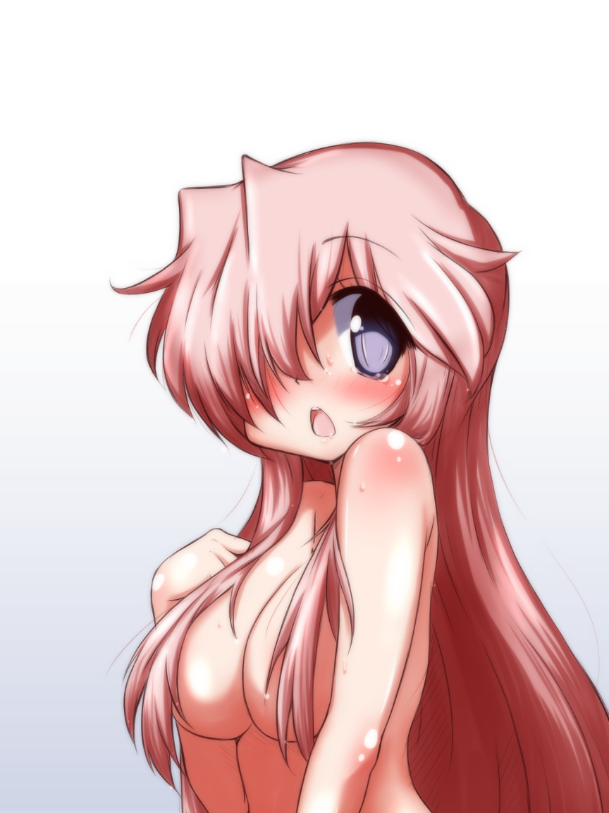 blush breasts female female_only hair_over_breasts hair_over_one_eye human long_hair lucky_star miyuki_takara mizushima_(p201112) nude open_mouth pink_hair purple_eyes solo tears