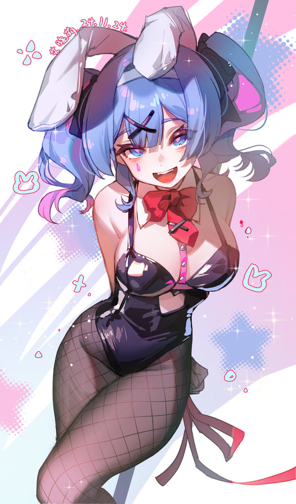 big_breasts blue_eyes blue_hair bunny_ears bunny_girl bunny_tail bunnysuit hatsune_miku marking_below_eyes pink_eyes pink_hair rabbit_hole_(vocaloid) ribbon smile star thighs twintails vocaloid