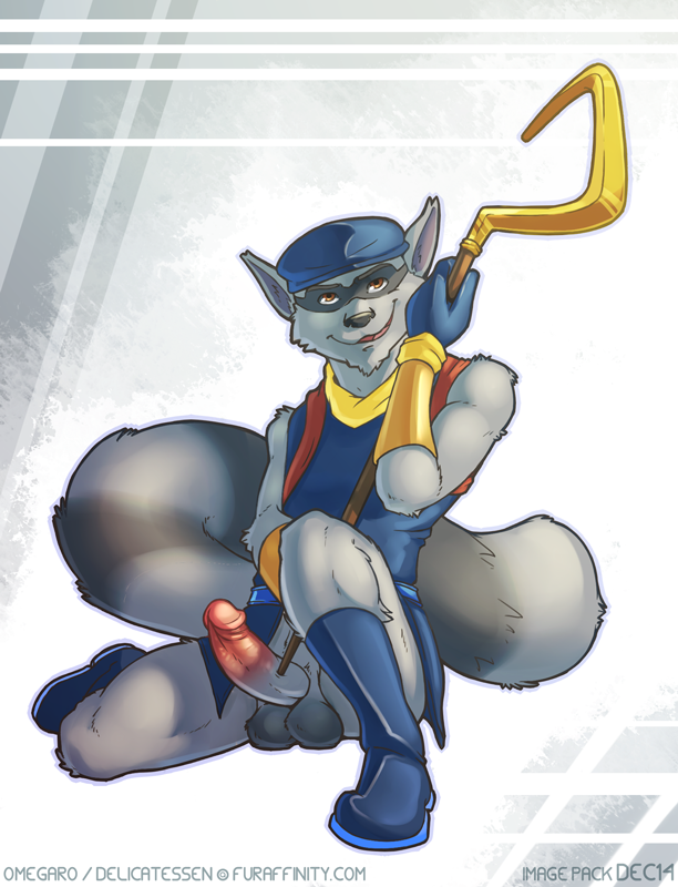 2014 anthro belt black_nose boots brown_eyes cane clothes erection footwear fur furry furry_tail gloves grey_fur hat humanoid_penis kneeling male male_only mammal mask nokemy omegaro open_mouth penis polearm pose raccoon shirt sitting sly_cooper sly_cooper_(series) smile smooth_fur solo staff tail testicles tongue weapon yellow_eyes