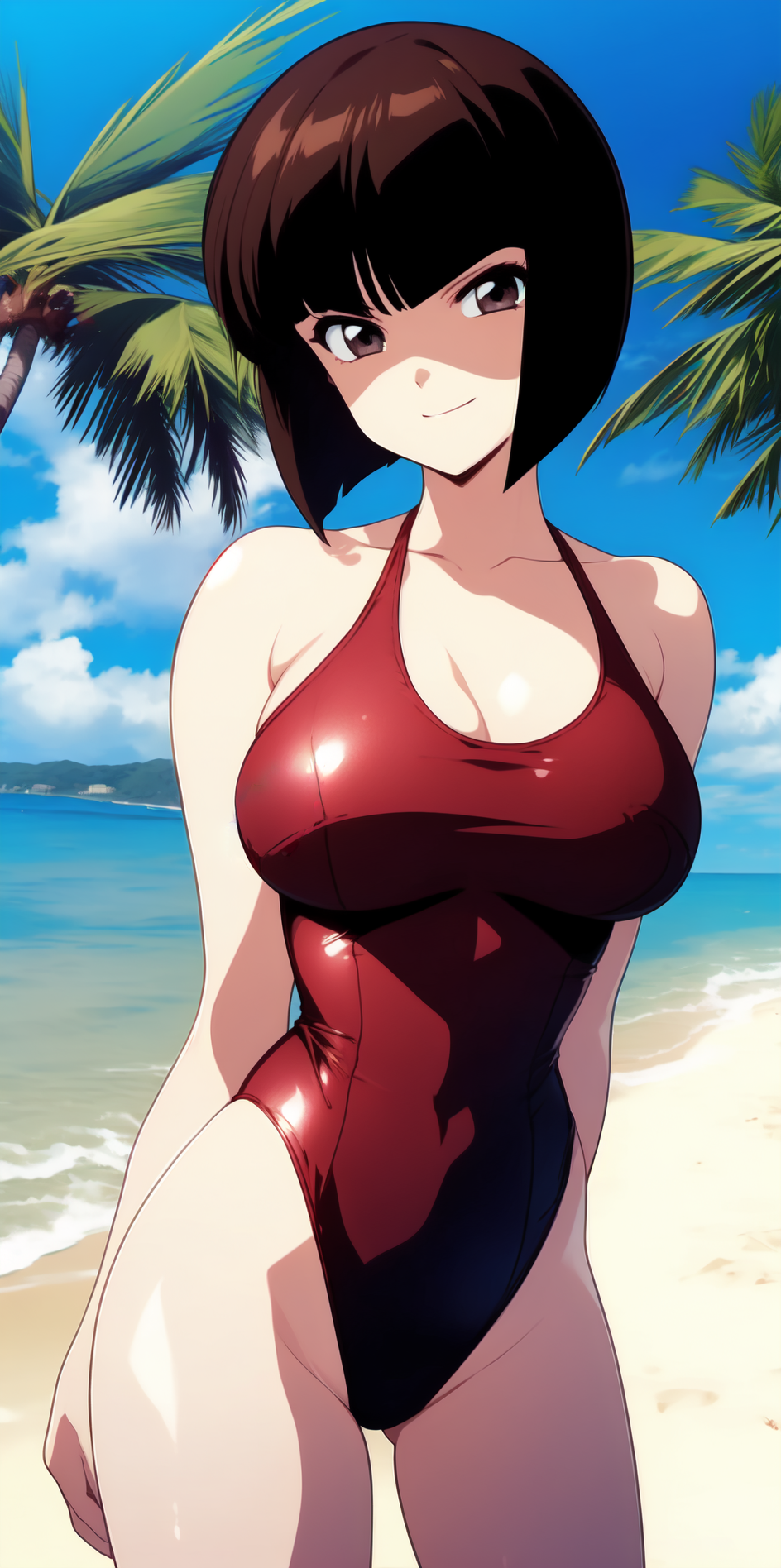 1girls ai_generated beach bob_cut brown_eyes brown_hair curvy curvy_female detailed_background female female_only large_breasts nabiki_tendo ocean one-piece_swimsuit outdoors palm_tree ranma_1/2 red_swimsuit self_upload smile solo stable_diffusion swimsuit