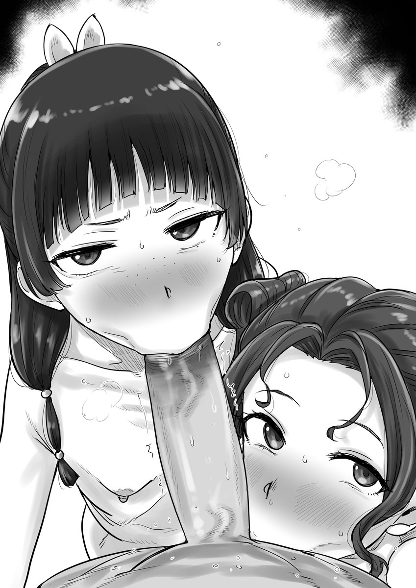 :>=, 1boy, 2girls, blowjob, blush, fellatio, kaiman garupan, kusuriya no hitorigoto, maomao (kusuriya no hitorigoto), small breasts