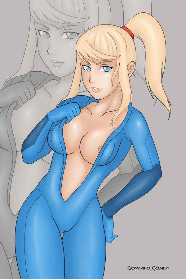 areola_slip blonde_hair blue_eyes bodysuit breasts female female_only gonzalo_gomez human metroid nintendo nipples open_clothes ponytail samus_aran solo tied_hair unzipped_zero_suit zero_suit zero_suit_samus