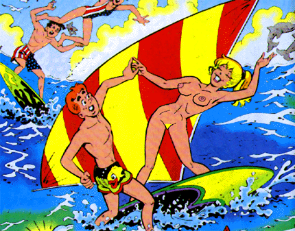 archie_andrews archie_comics betty_cooper breasts dolphin ethel_muggs falling jughead_jones kentoons nude_female one-piece_swimsuit pussy surfing swimsuit