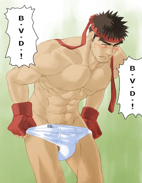 1boy abs bara biceps blush brown_hair capcom closed_eyes color embarrassed facial_hair fingerless_gloves gloves headband human male male_focus male_only masanori_danshi muscles muscular muscular_male pecs pubic_hair ryu_(street_fighter) short_hair solo solo_focus street_fighter sweat underwear undressing white_underwear