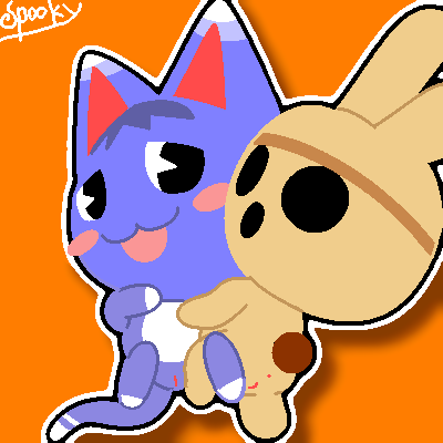 animal_crossing black_eyes blue_fur blushing coco_(animal_crossing) feline female hugging lesbian nintendo pussy rabbit rosie_(animal_crossing) smiling spooky_(artist) straight_hair