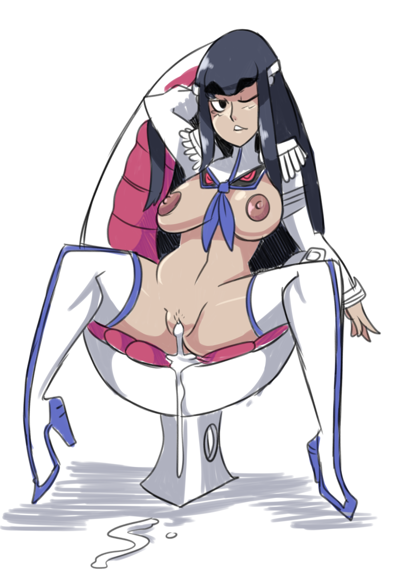after sex, barcode pubic hair, bigdeadalive, black eyes, black hair, blush, bottomless, breasts, chair, cum, cum in pussy, cum inside, eyebrows, female, high heel boots, high heels, hime cut, junketsu, kill la kill, kiryuuin satsuki, large breasts, long hair, looking at viewer, naked footwear, navel, nipples, nude, pubic hair, pussy, raised arm, sitting, smile, solo, thighhighs, white legwear, wince
