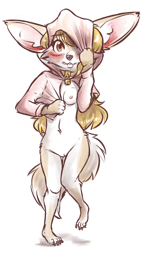 2018 anthro blush bottomless breasts canine clothed clothing collar covering embarrassed female fennec fox mammal penny_fenmore pussy solo unimpressive