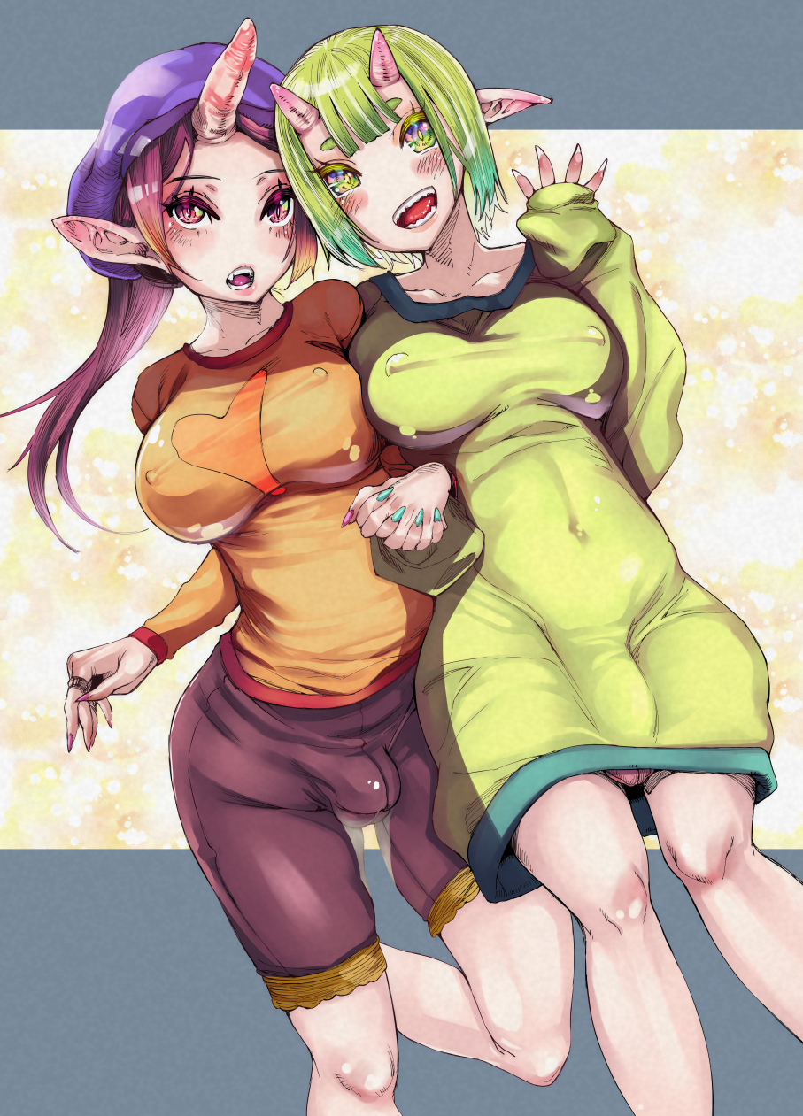 2futas, big breasts, breasts, bulge, bulge through clothing, clothed, clothing, dress, duo, flaccid, fully clothed, futa only, futanari, green hair, humanoid, intersex, large breasts, light skin, light-skinned futa, long hair, no nose, oni, paintingbird, penis, purple hair, short hair, takanashi shirou
