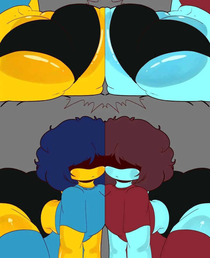 2boys ass_to_ass blue_skin bottom_heavy bubble_butt bumbleart_bee butt_to_butt clothed curvaceous curvy curvy_figure femboy hidden_eyes huge_ass large_ass tagme thick thick_ass thick_thighs thighhighs thighs twins voluptuous yellow_skin