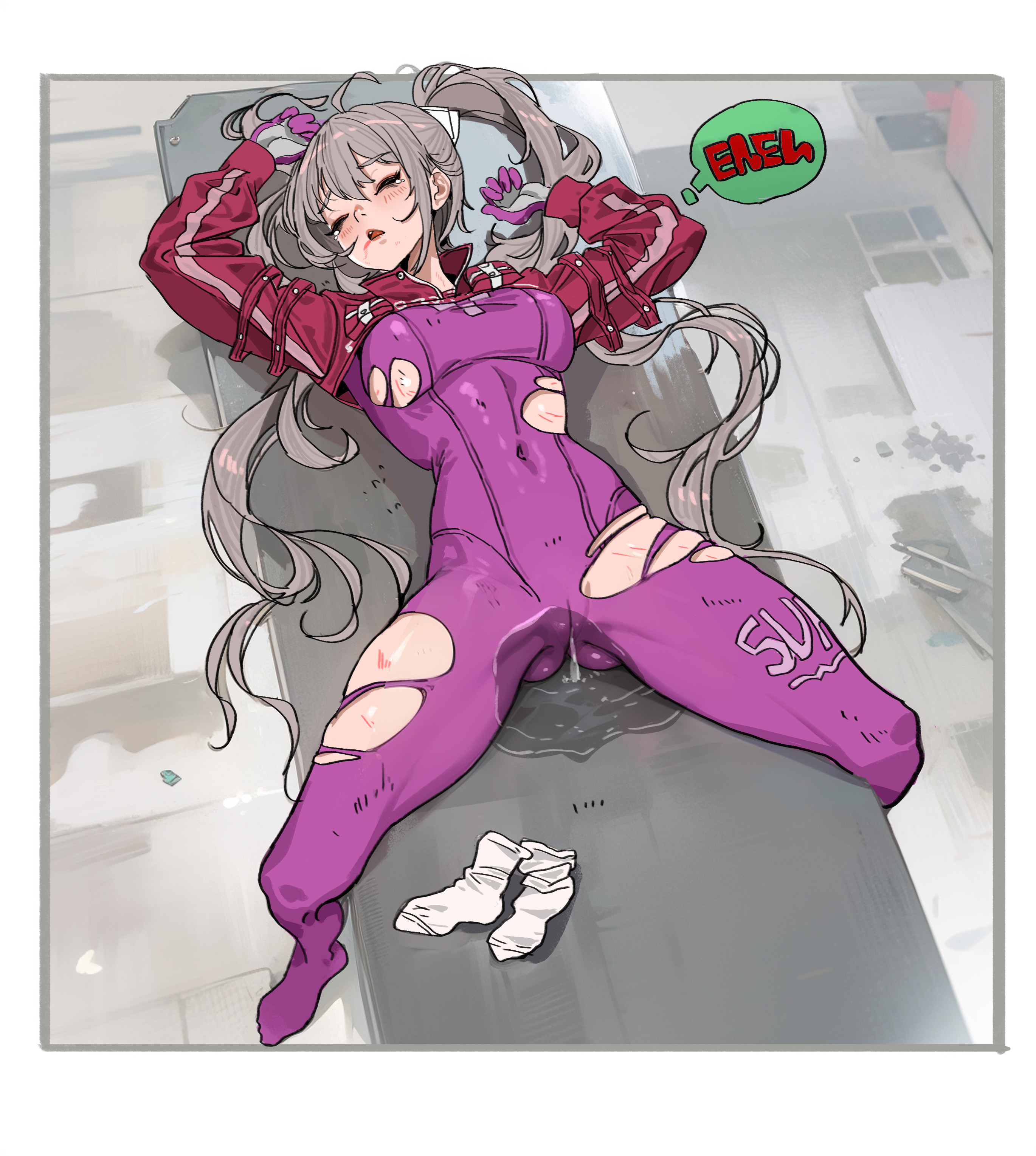1girls, alice (nikke), ass, bodysuit, breasts, cameltoe, closed eyes, defeated, female, female only, fully clothed, goddess of victory: nikke, grey hair, lying, lying on back, on back, open mouth, peeing, peeing self, pussy, torn clothes, twintails, unconscious