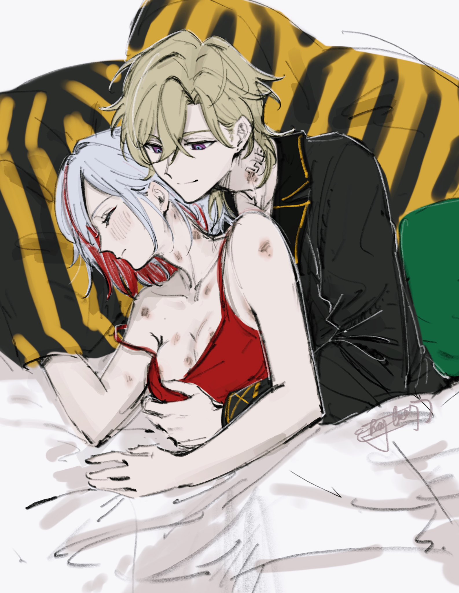 1boy, 1girls, aventurine (honkai: star rail), bed, blonde-haired male, blush, female, hazel0217, hickey, honkai: star rail, hugging from behind, in bed, male, no visible genitalia, silver-haired female, topaz (honkai: star rail)