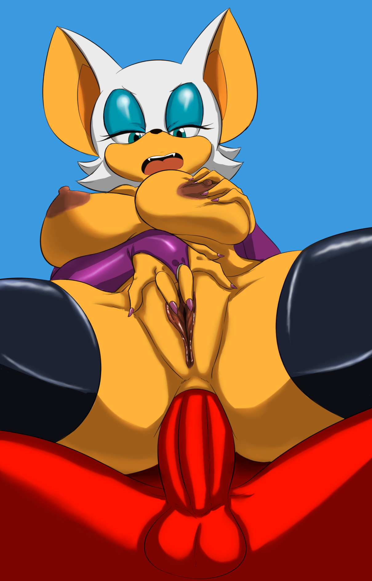 2014, anal, anal sex, anthro, anus, areola, balls, bat, big areola, big nipples, breasts, brown nipples, dark nipples, duo, echidna, erect nipples, erection, fangs, female, fur, knuckles the echidna, male, mammal, monotreme, nipples, partial male, penetration, penis, pussy, red fur, reverse cowgirl position, rouge the bat, sega, sex, sonic (series), sonic the hedgehog (series), soubriquetrouge, straight, thecon, white fur