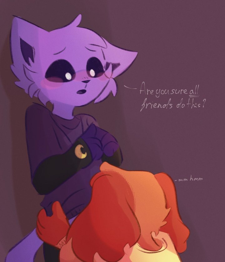 2boys, catnap (poppy playtime), clothing, critters (poppy playtime), dialogue, dogday (poppy playtime), fur, furry, furry only, male, male only, male/male, nervous, no humans, no visible genitalia, oral, oral sex, orange body, orange fur, orange skin, penis, poppy playtime, poppy playtime (chapter 3), purple body, purple fur, purple skin, smiling critters, sucking, sucking penis
