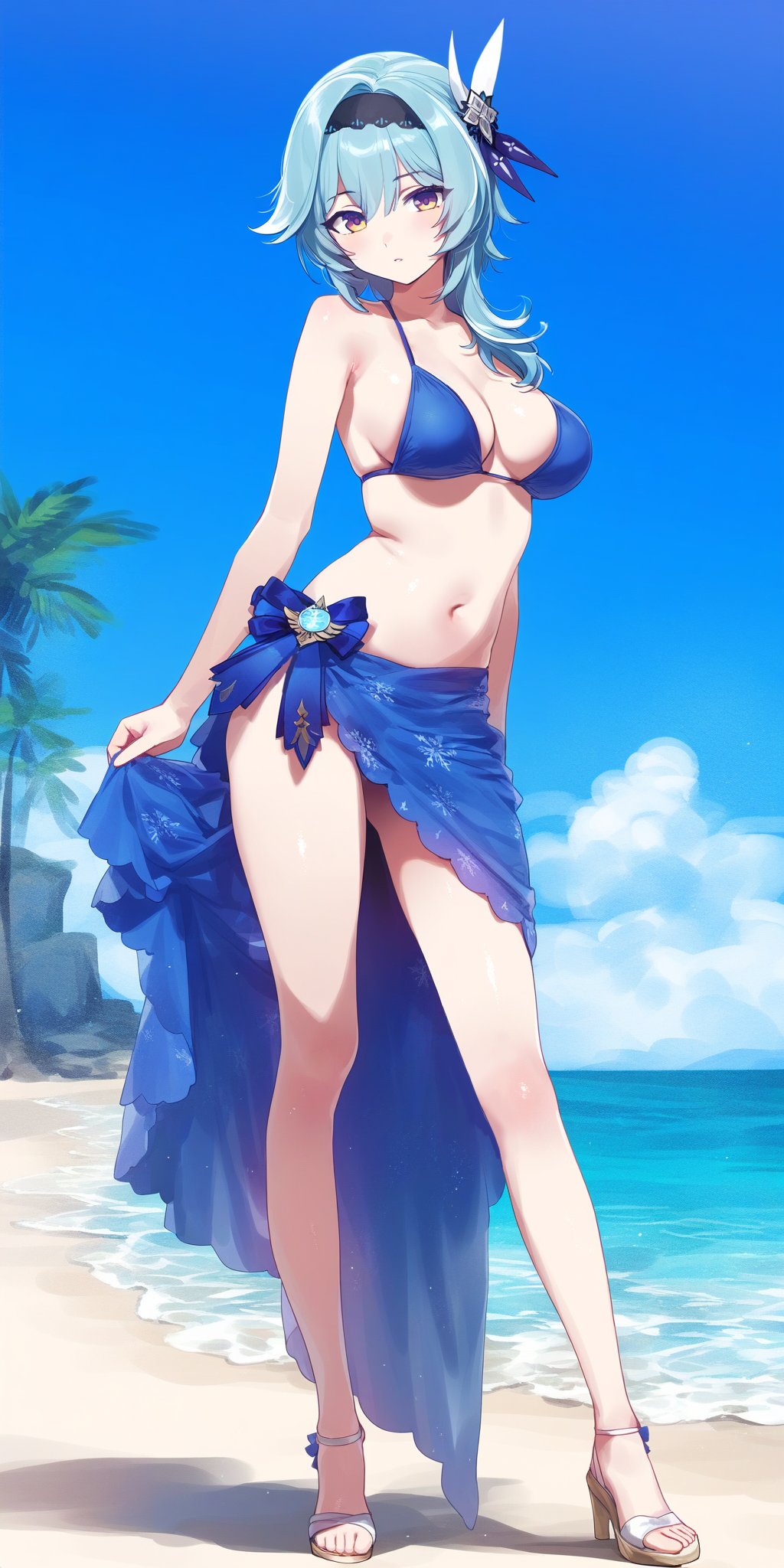 1girls, ai generated, alternate costume, beach, big breasts, bikini, bikini bottom, bikini top, blue bikini, blue bikini top, blue hair, blue swimsuit, blush, bra, breasts, cleavage, clouds, crowna77, day, eula (genshin impact), female, female focus, female only, front view, full body, genshin impact, high resolution, highres, hourglass figure, hoyoverse, light skin, light-skinned female, long legs, mature, mature female, medium hair, mihoyo, navel, ocean, outdoors, palm tree, revealing clothes, sand, sandals, sky, solo, solo female, solo focus, standing, summer, swimwear, two piece swimsuit, vision (genshin impact), yellow eyes