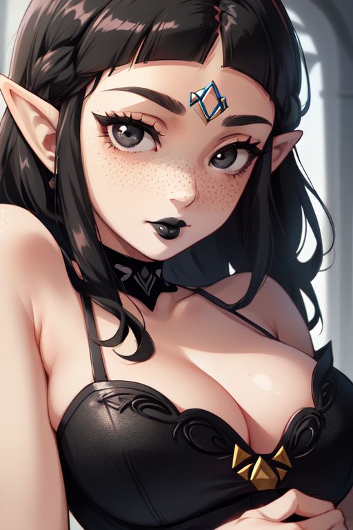 1girls ai_generated black_choker black_clothing black_dress black_eyebrows black_hair black_lipstick choker cleavage clothed clothing dark_zelda_(splatodyssey) dress elf_ears female_only freckles freckles_on_face gem gem_on_forehead goth goth_girl lipstick looking_at_viewer matching_hair/eyes nintendo non-nude non_nude perchance_ai pointy_ears princess_zelda solo splatodyssey the_legend_of_zelda