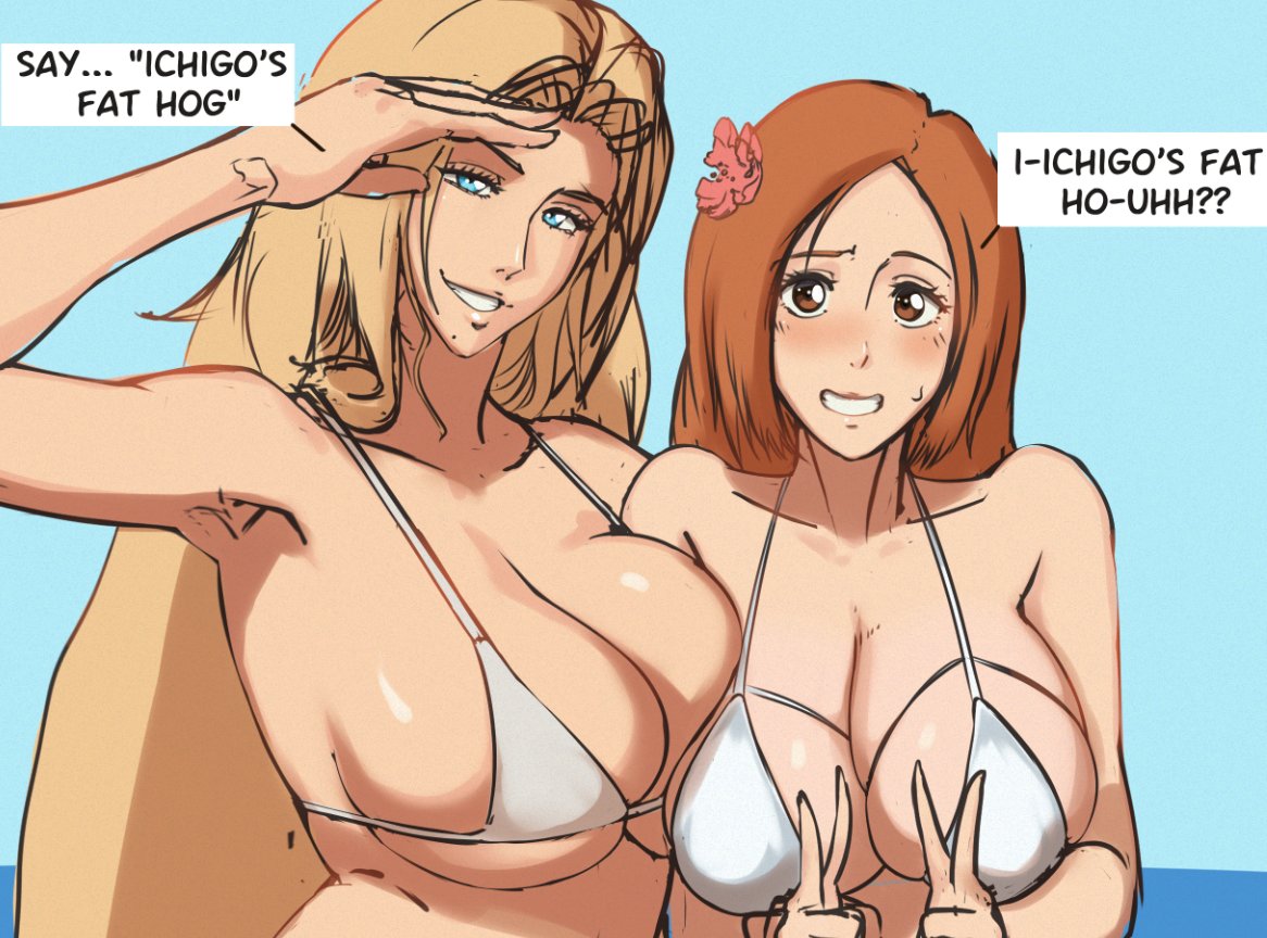 2girls beach bikini bleach blonde_hair castell fat_breasts huge_breasts inoue_orihime large_breasts matsumoto_rangiku multiple_girls orange_hair selfie