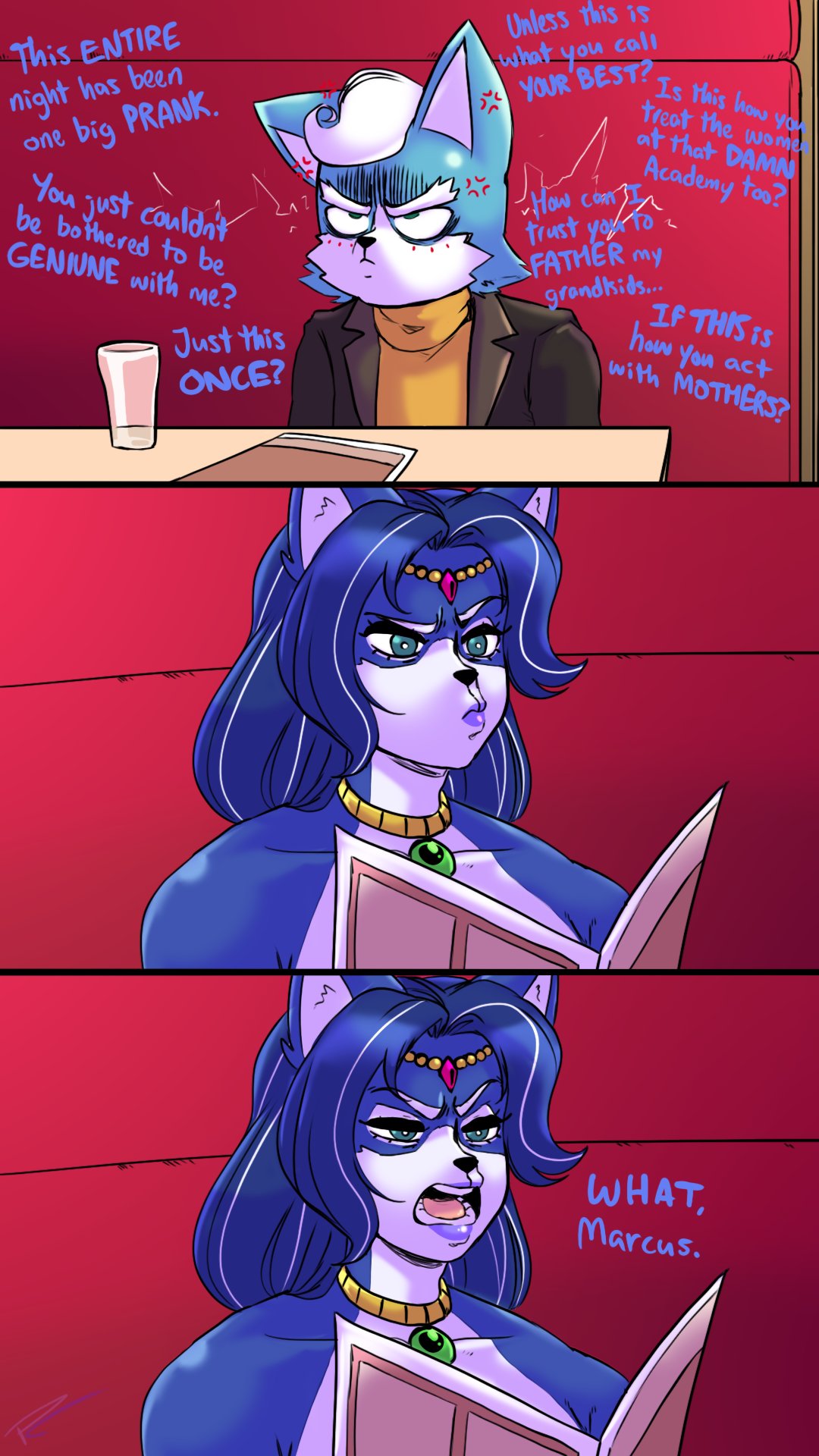 1boy 1girls angry anthro big_breasts canine complaining diner english_dialogue english_text fakeryway female fuming furry krystal krystal_(star_fox) male marcus_mccloud mother mother_and_son nintendo pleasure_castle son star_fox tagme text