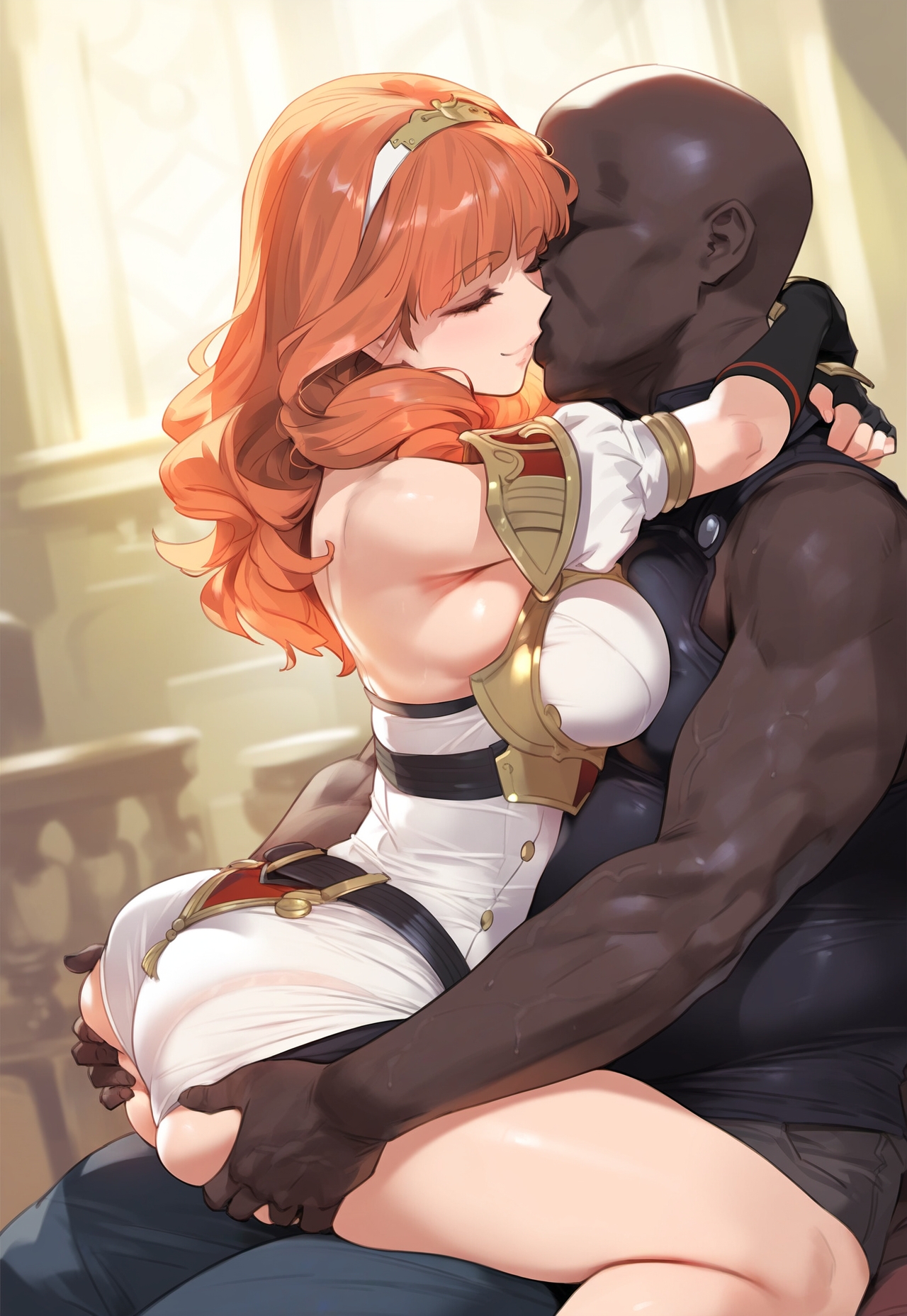 1boy, 1girls, age difference, ai generated, blush, breasts, celica (fire emblem), dark skin, dark-skinned male, female, fire emblem, interracial, large breasts, male, medium hair, mrteardrop, older male and younger female, orange eyes, orange hair, princess, royalty, teenage female, teenager, uncensored